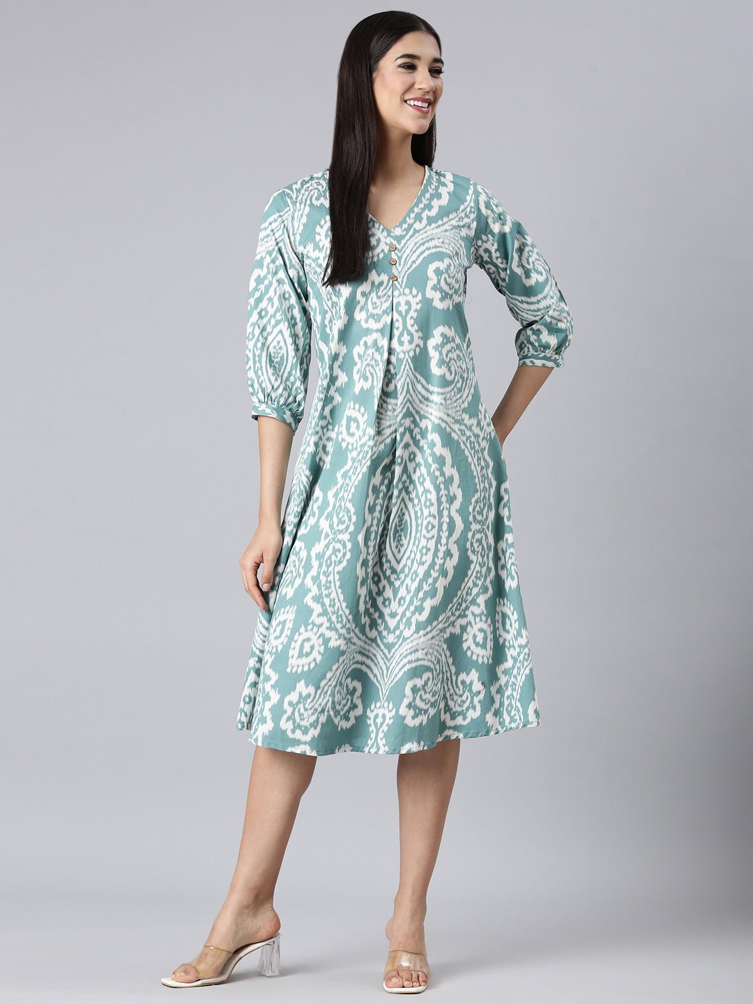 Quantumtera Sea Green Casual Floral A-Line Kurta