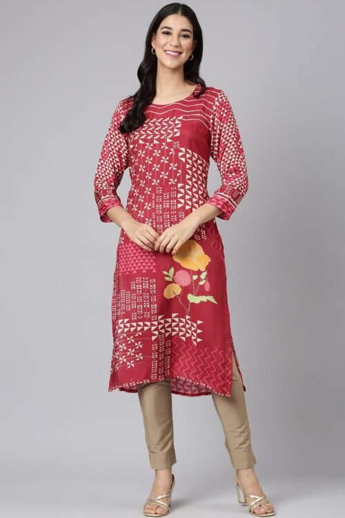 Quantumtera Maroon Casual Tribal Straight Kurta