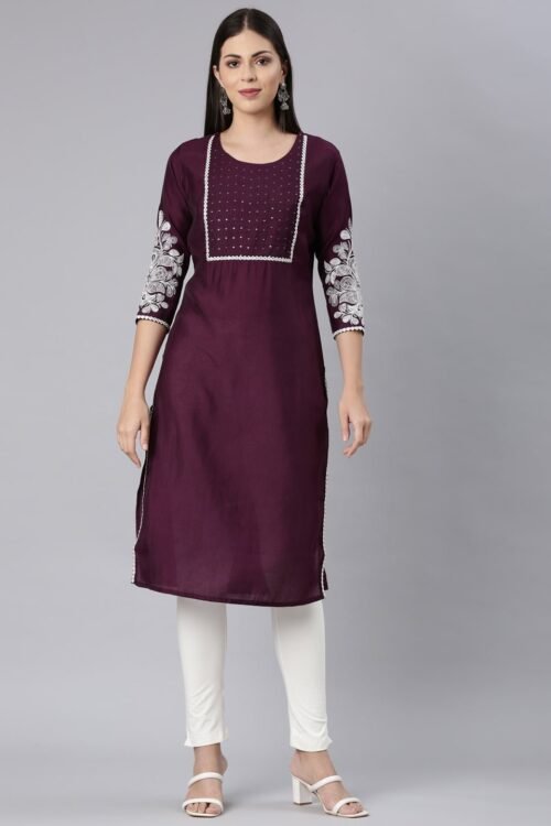 Quantumtera Purple Straight Casual Solid Straight Kurta