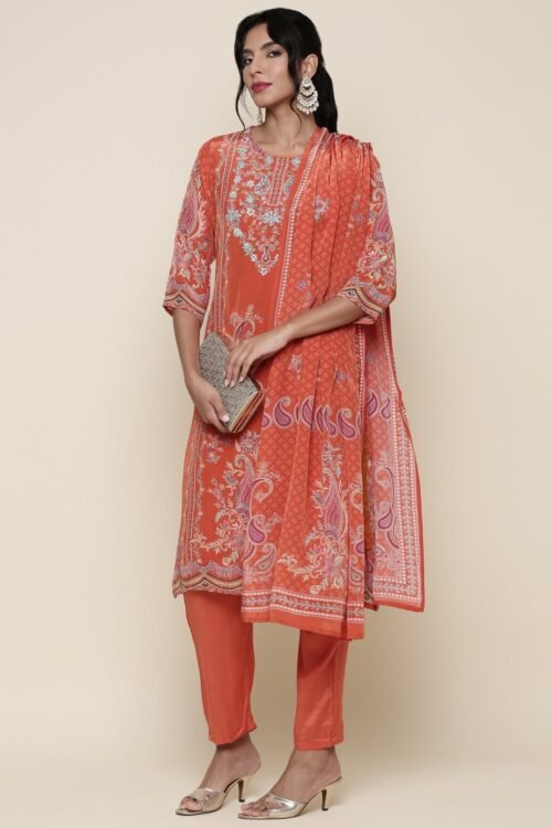 Burnt orange Digital printed crepe Three piece suit set