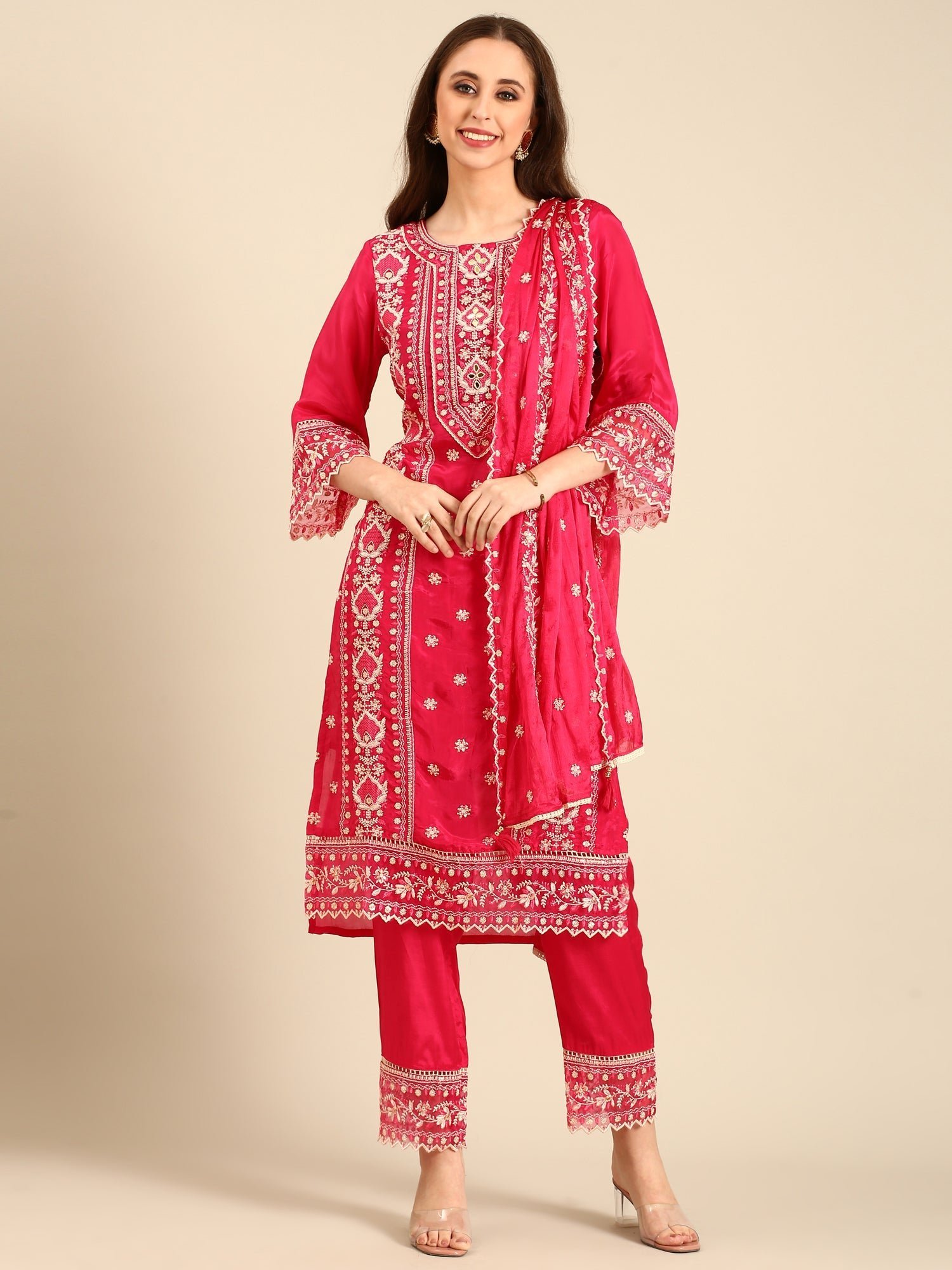 Pink muslin thread embroiderey three piece suit set - Image 6