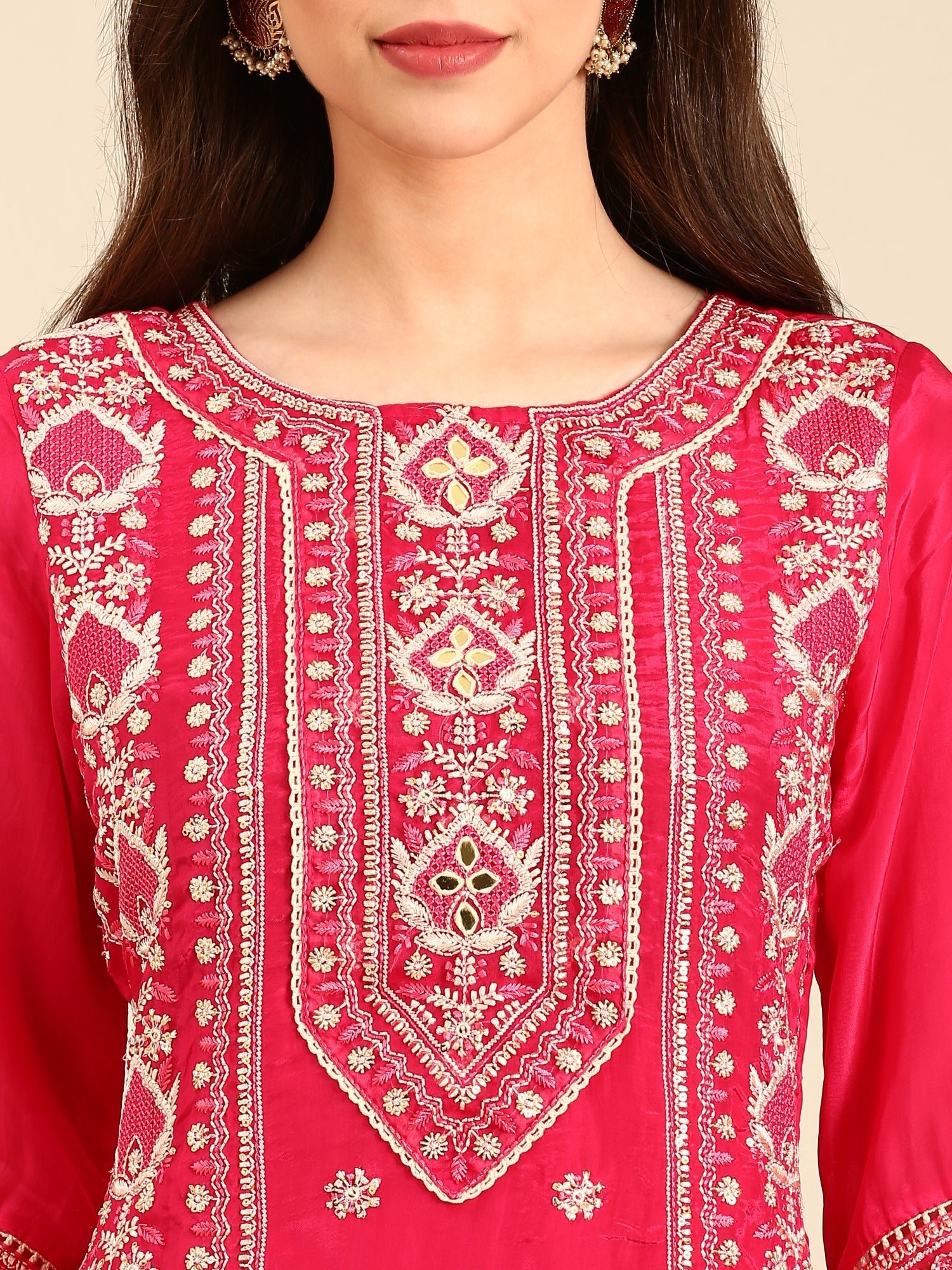 Pink muslin thread embroiderey three piece suit set - Image 5