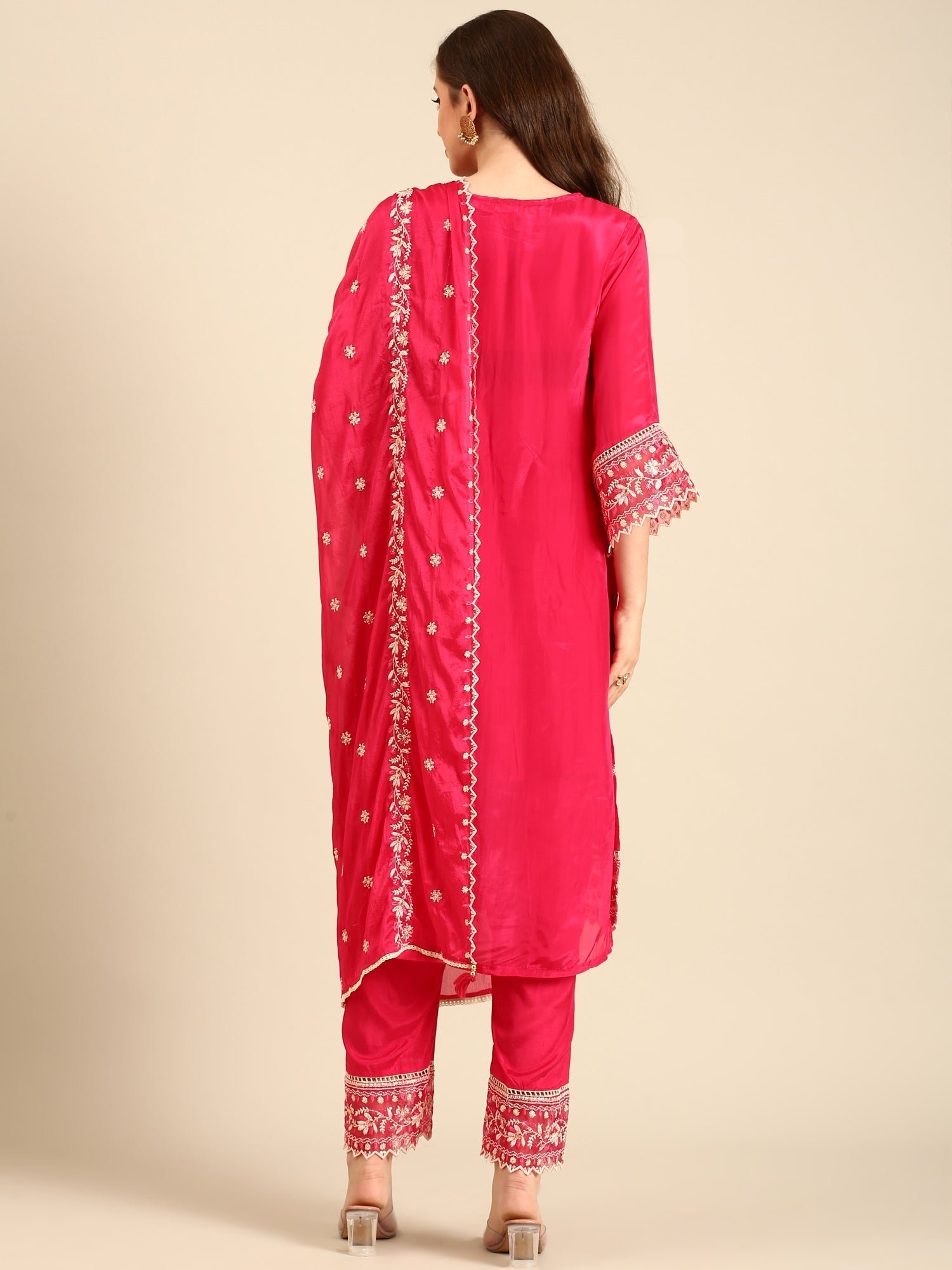Pink muslin thread embroiderey three piece suit set - Image 4