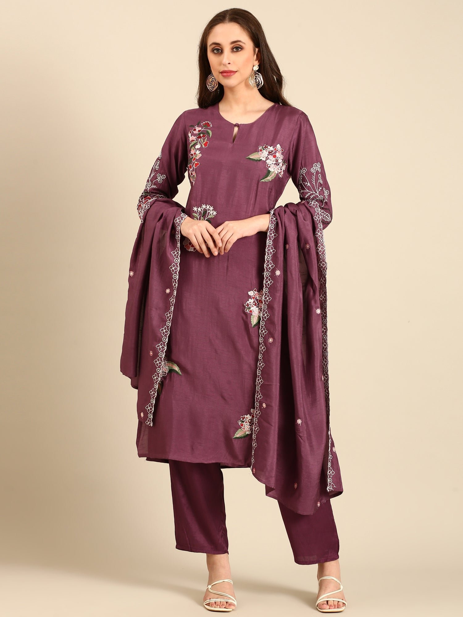 Wine thread and sequins embroidered three piece suit set - Image 2