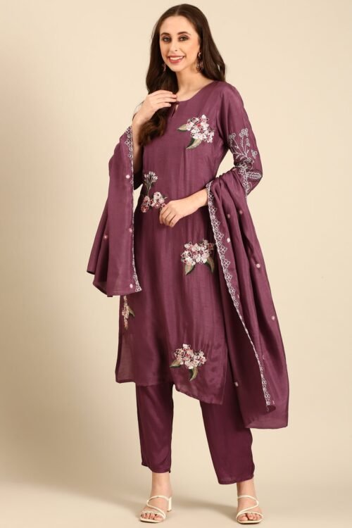 Wine thread and sequins embroidered three piece suit set