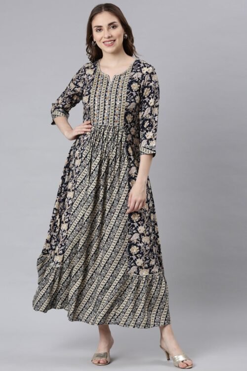 Quantumtera Navy Blue Flared Maxi Dresses with Ethnic Motifs – Casual Ethnic Wear