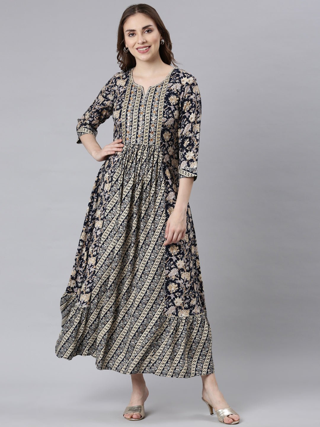 Quantumtera Navy Blue Flared Maxi Dresses with Ethnic Motifs – Casual Ethnic Wear