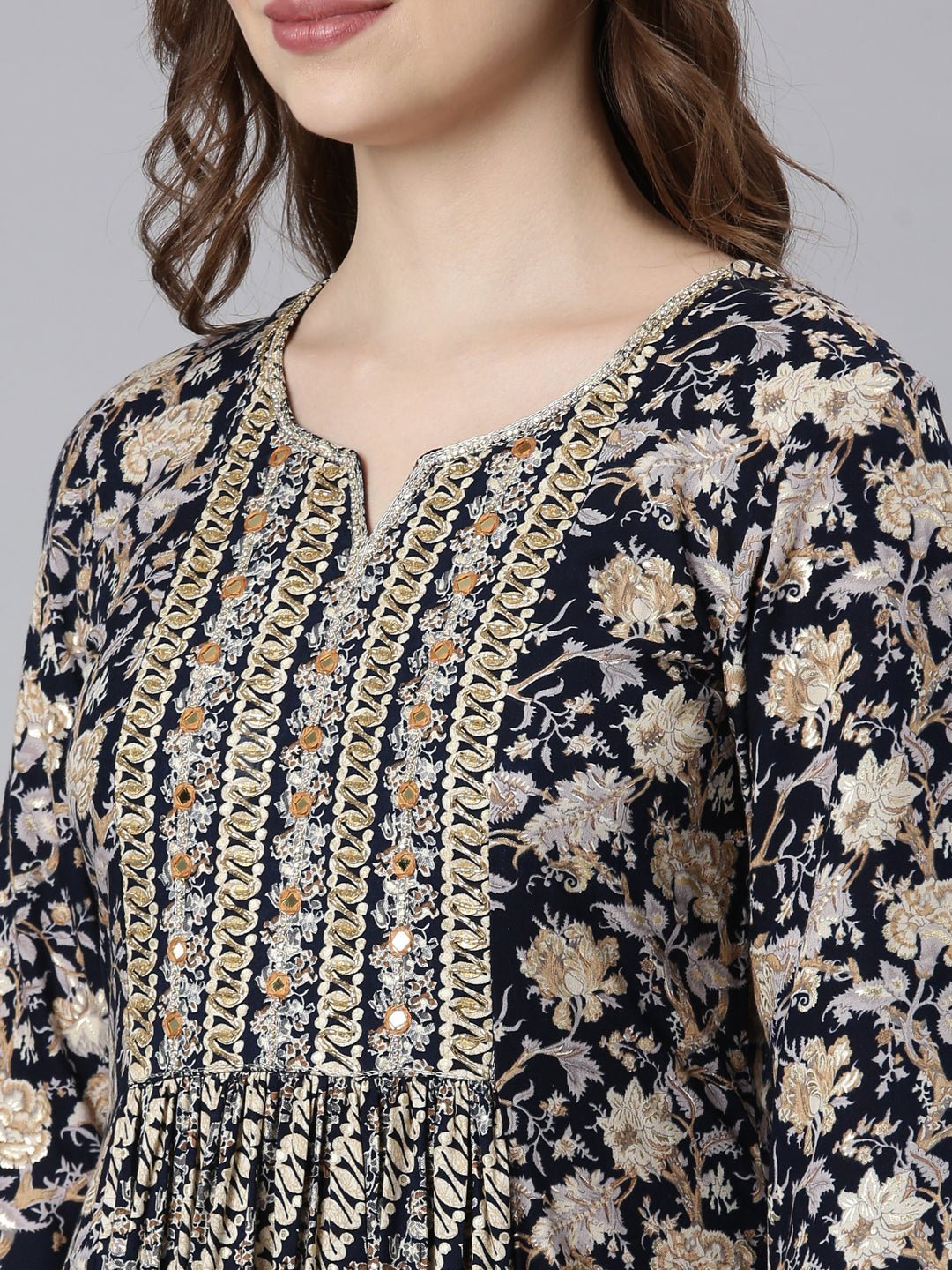 Quantumtera Navy Blue Flared Maxi Dresses with Ethnic Motifs – Casual Ethnic Wear - Image 2
