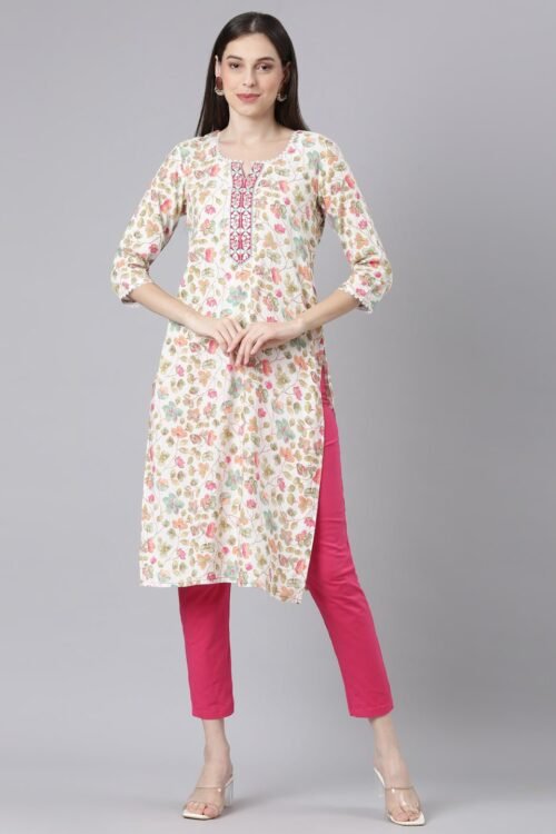 Quantumtera Off White Casual Floral Straight Kurta