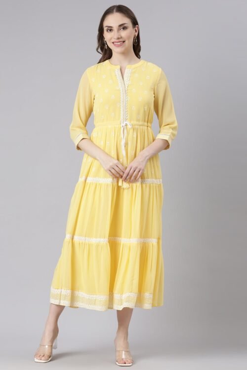 Quantumtera Yellow Georgette Straight Maxi Dress with Ethnic Motifs – Casual Everyday Wear