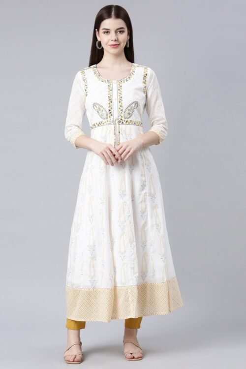 Quantumtera White Straight Maxi Dresses with Ethnic Motifs – Casual Chic Everyday Wear