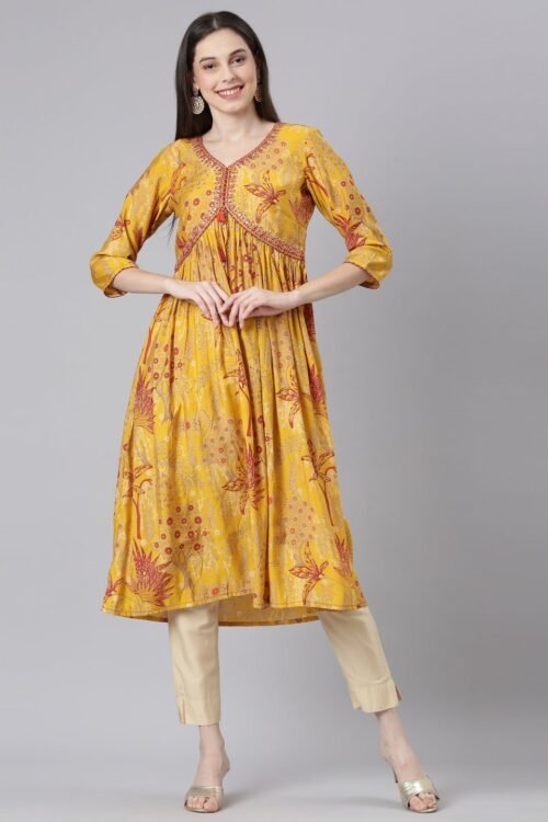 Quantumtera Mustard Casual Floral Anarkali Kurta