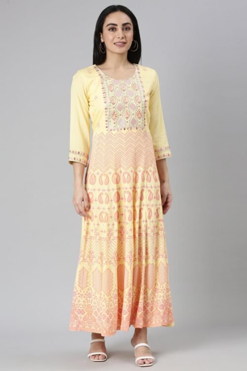 Quantumtera Yellow Straight-Cut Maxi Dresses Featuring Casual Ethnic Motifs
