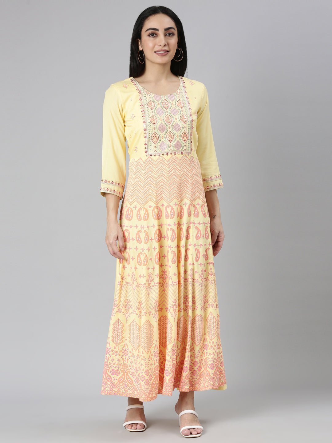 Quantumtera Yellow Straight-Cut Maxi Dresses Featuring Casual Ethnic Motifs