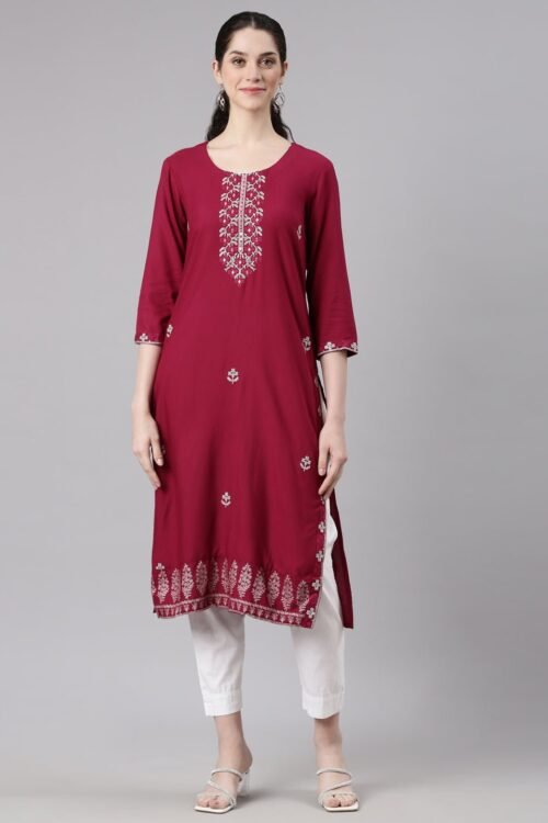 Quantumtera Red Straight Casual Floral Kurta