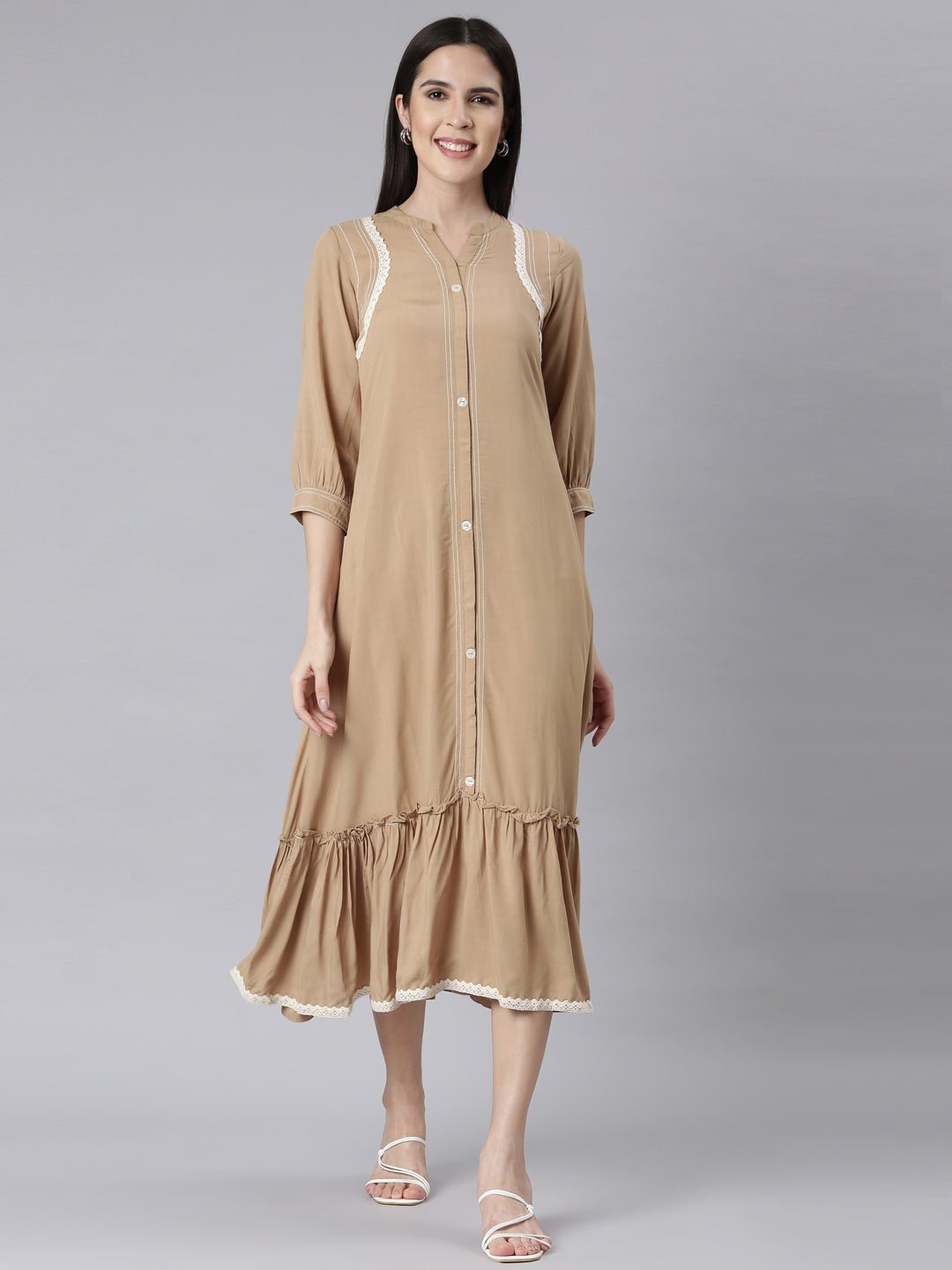 Quantumtera Beige Curved-Cut Casual Solid Maxi Dresses