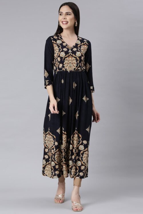 Quantumtera Navy Blue Curved-Cut Casual Floral Maxi Dresses