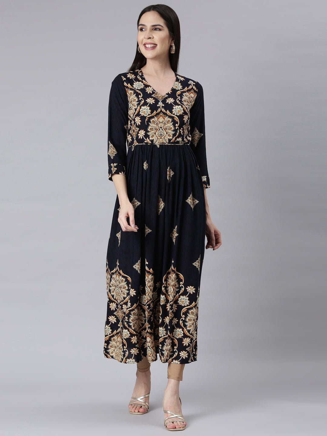 Quantumtera Navy Blue Curved-Cut Casual Floral Maxi Dresses