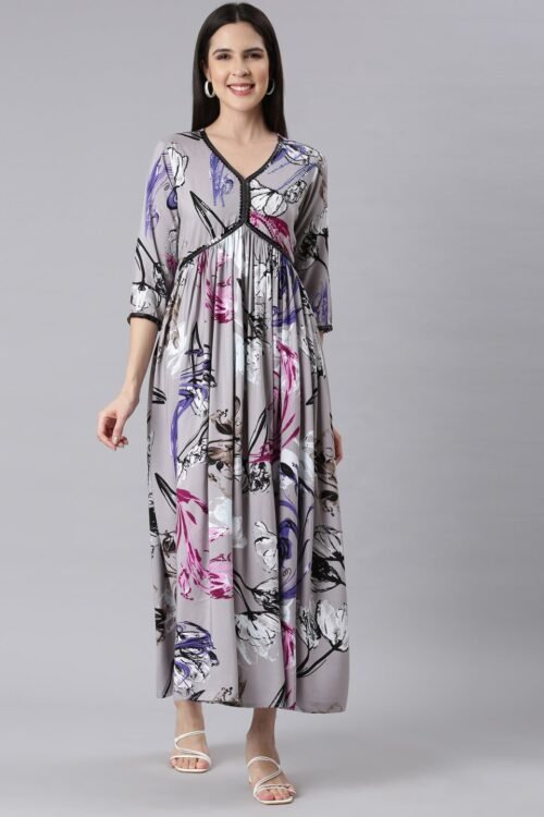 Quantumtera Grey Asymmetric Casual Floral Maxi Dresses – Effortless Everyday Elegance