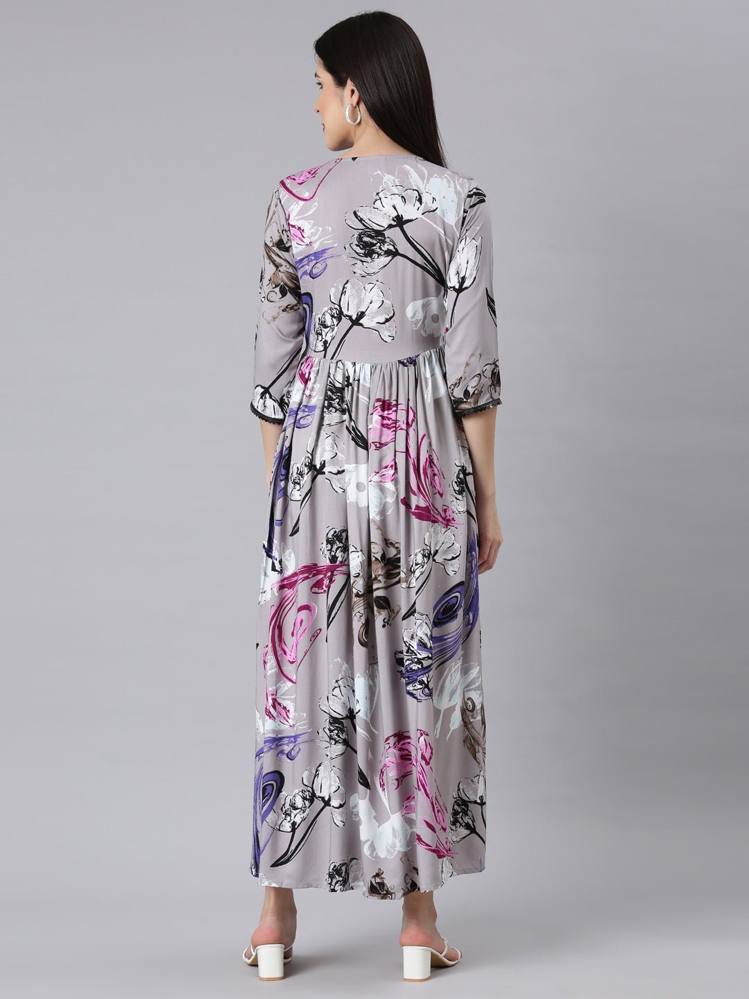 Quantumtera Grey Asymmetric Casual Floral Maxi Dresses - Effortless Everyday Elegance - Image 3