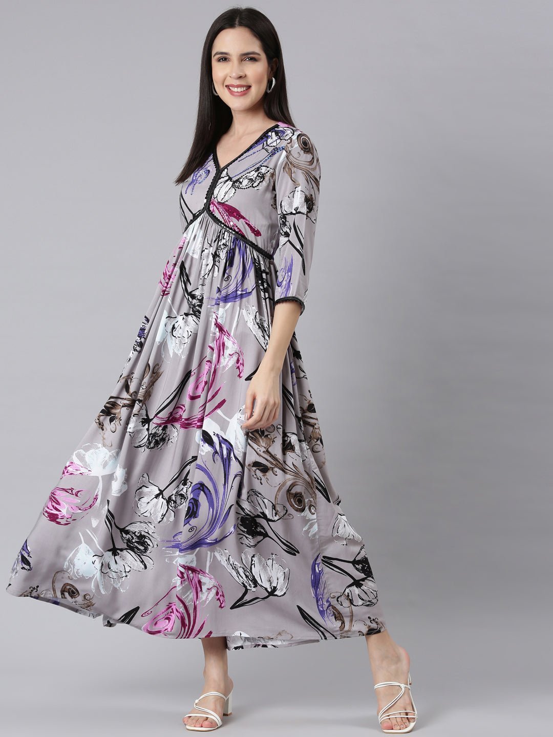 Quantumtera Grey Asymmetric Casual Floral Maxi Dresses - Effortless Everyday Elegance - Image 4