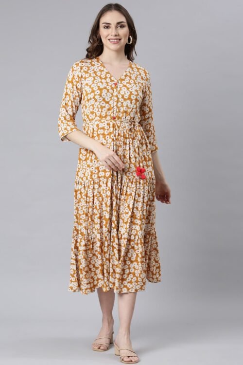 Quantumtera Mustard Curved-Cut Casual Floral Maxi Dresses
