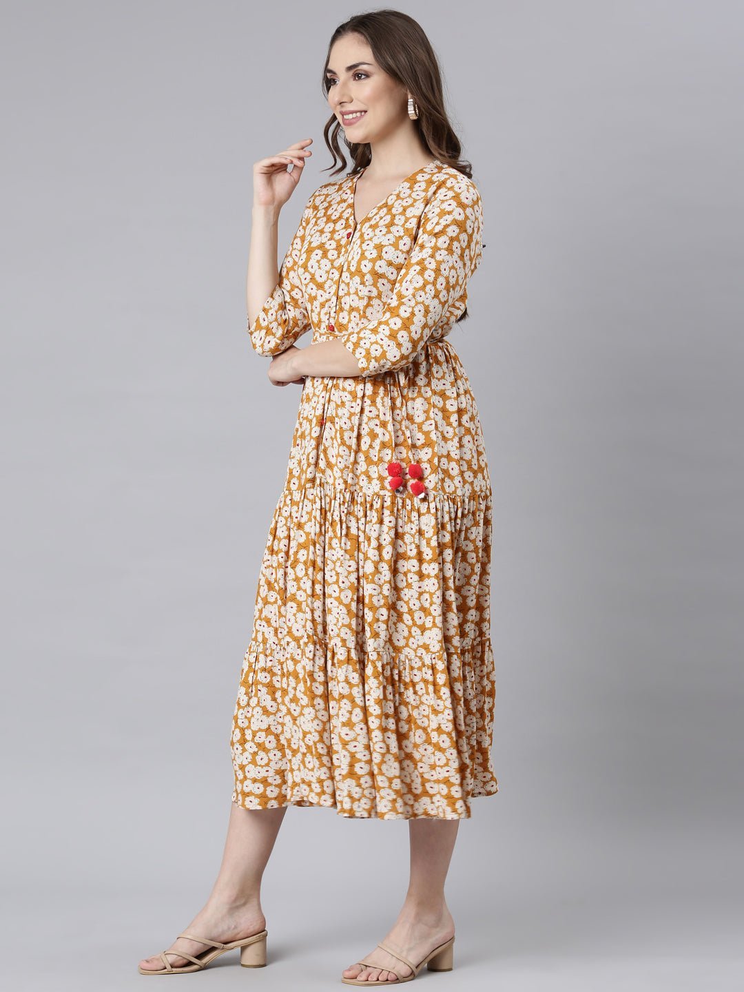 Quantumtera Mustard Curved-Cut Casual Floral Maxi Dresses - Image 3