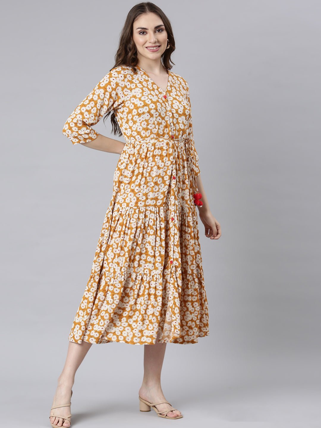 Quantumtera Mustard Curved-Cut Casual Floral Maxi Dresses - Image 4
