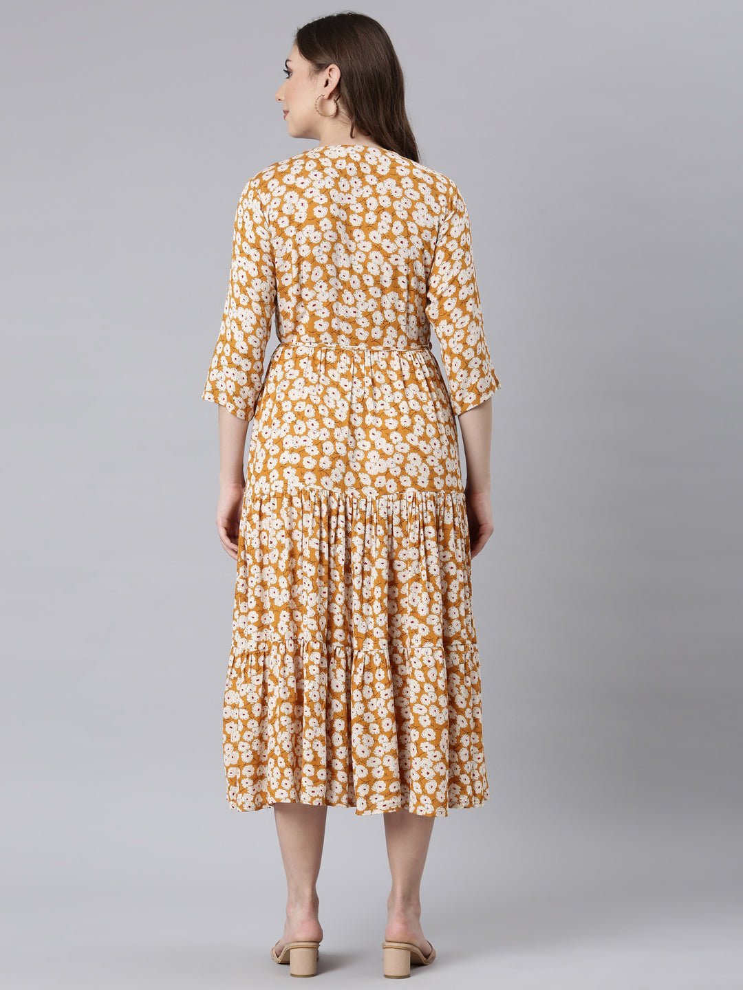 Quantumtera Mustard Curved-Cut Casual Floral Maxi Dresses - Image 5