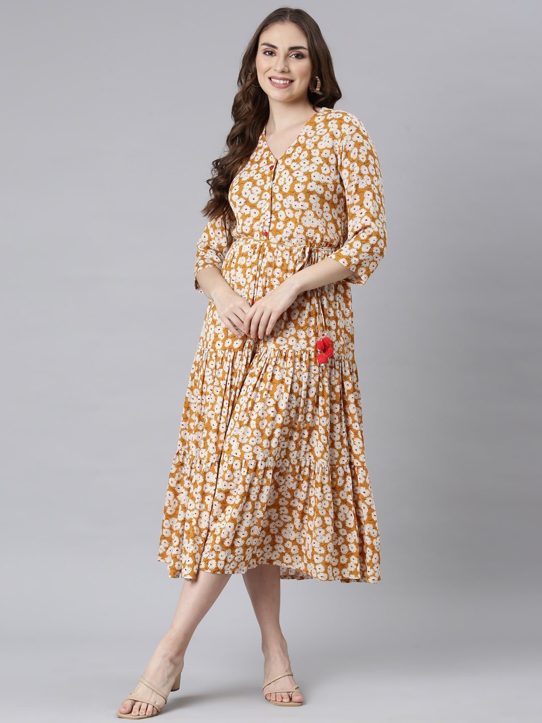 Quantumtera Mustard Curved-Cut Casual Floral Maxi Dresses - Image 6