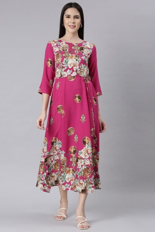 Quantumtera Magenta Curved-Cut Casual Floral Maxi Dresses