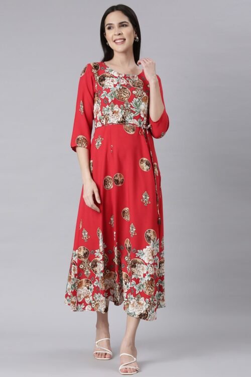 Quantumtera Red Curved-Cut Casual Floral Maxi Dresses