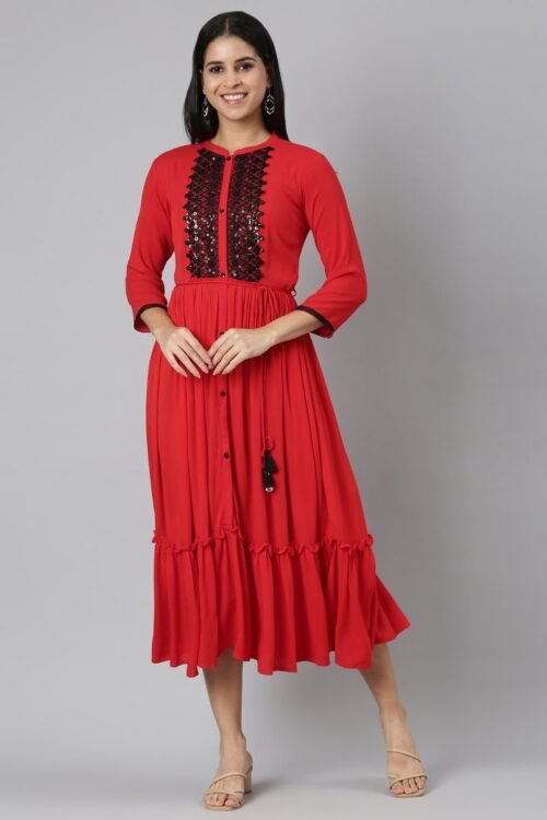 Quantumtera Red Flared Casual Solid Maxi Dresses – Effortless Everyday Style