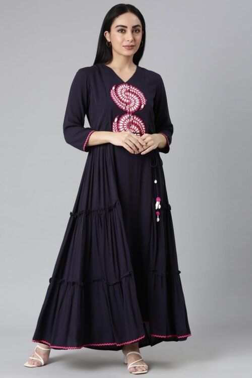 Quantumtera Navy Blue Flared Casual Solid Maxi Dress – Effortless Everyday Style