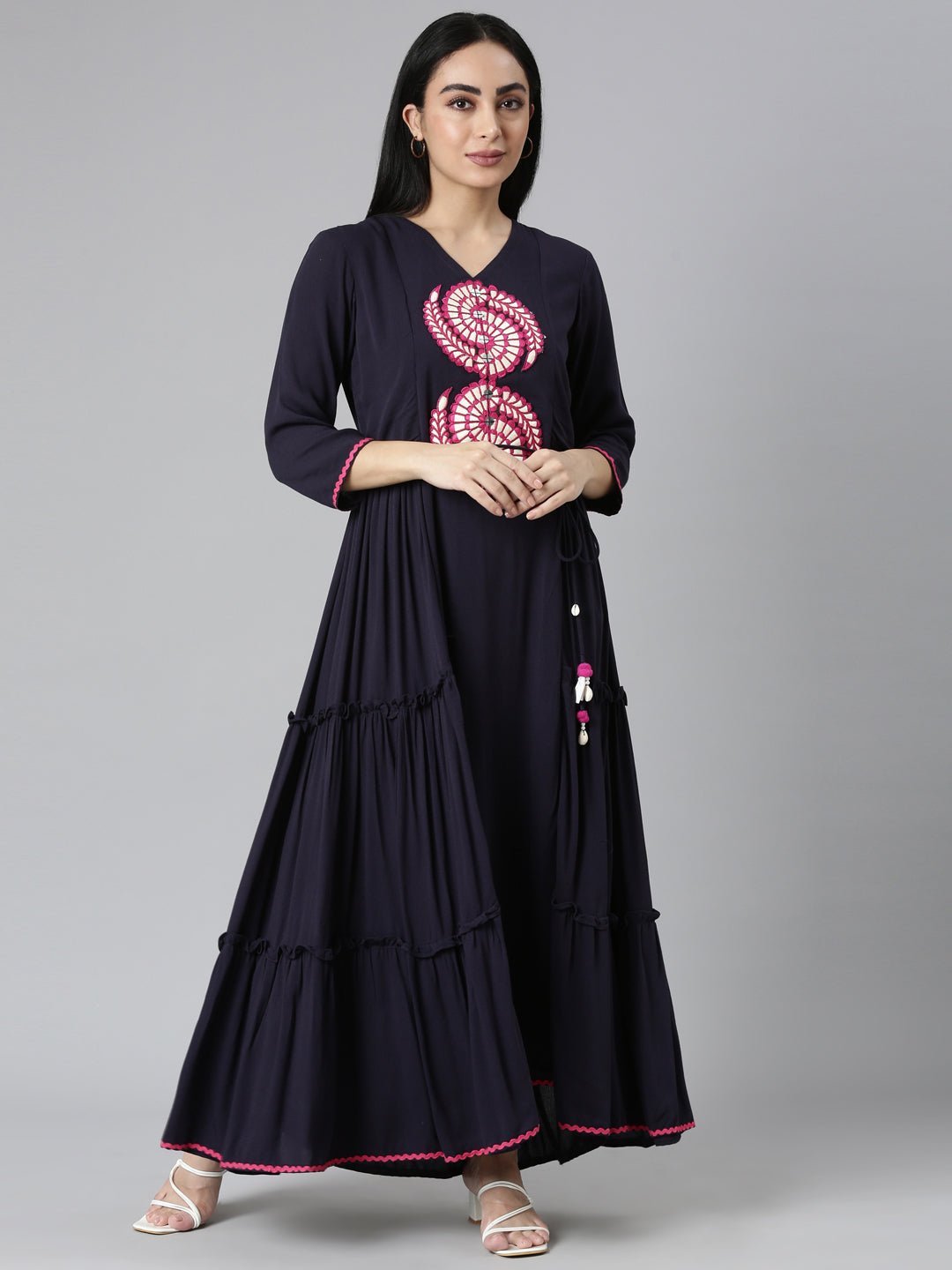 Quantumtera Navy Blue Flared Casual Solid Maxi Dress – Effortless Everyday Style
