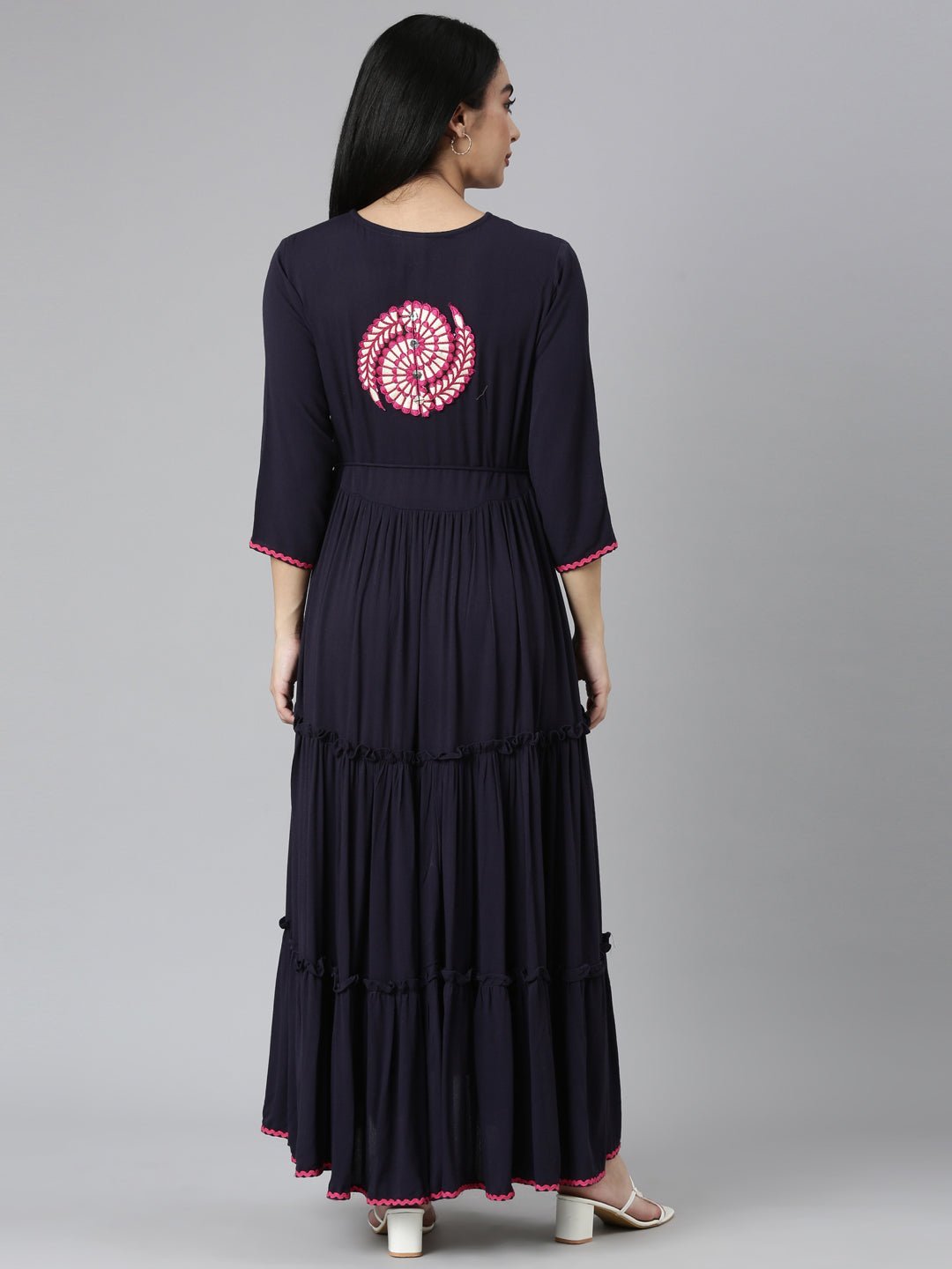Quantumtera Navy Blue Flared Casual Solid Maxi Dress – Effortless Everyday Style - Image 3