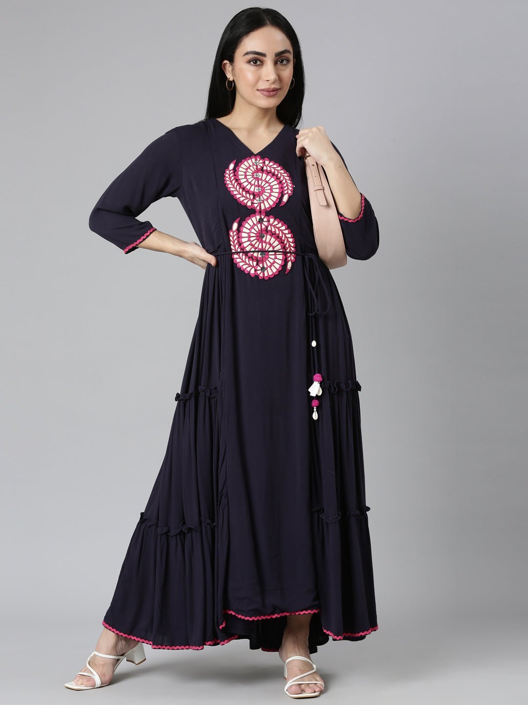 Quantumtera Navy Blue Flared Casual Solid Maxi Dress – Effortless Everyday Style - Image 5