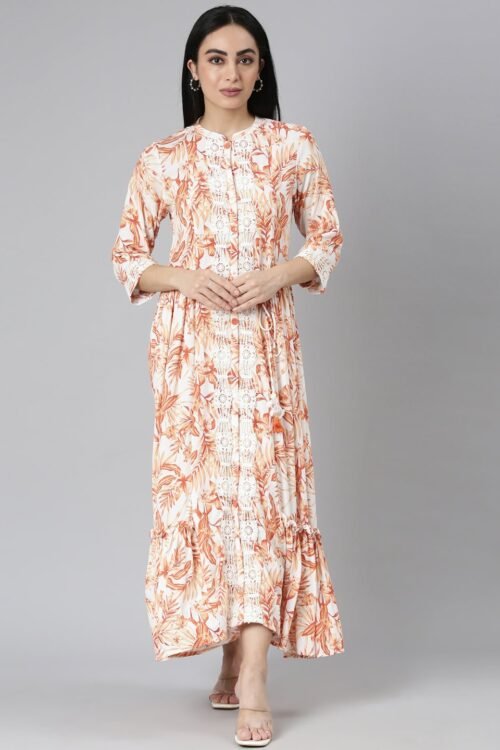 Quantumtera Orange Flared Floral Maxi Dresses – Casual, Chic & Flowy