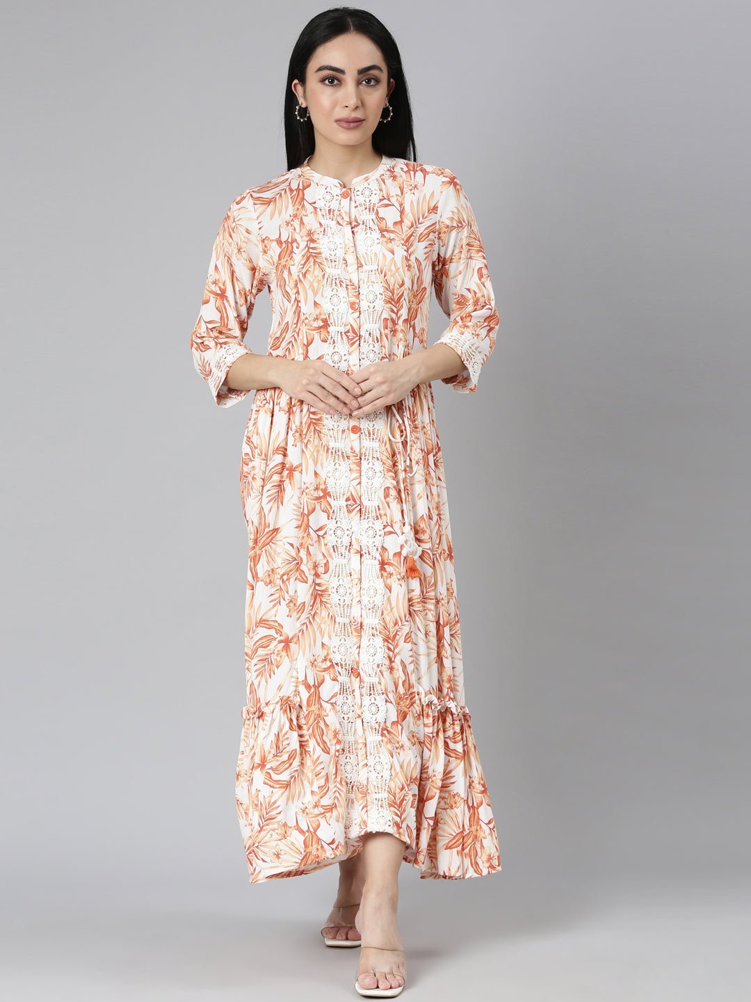 Quantumtera Orange Flared Floral Maxi Dresses - Casual, Chic & Flowy