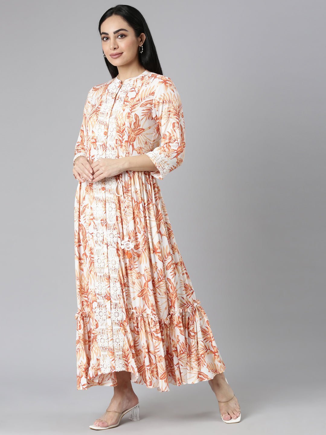 Quantumtera Orange Flared Floral Maxi Dresses - Casual, Chic & Flowy - Image 2