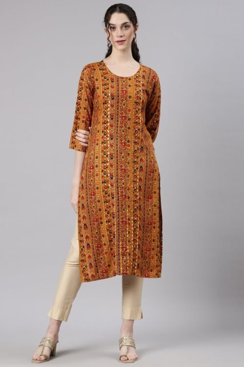 Quantumtera Mustard Straight Casual Embellished Kurta