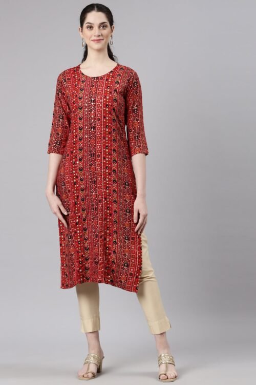 Quantumtera Red Straight Casual Embellished Kurta