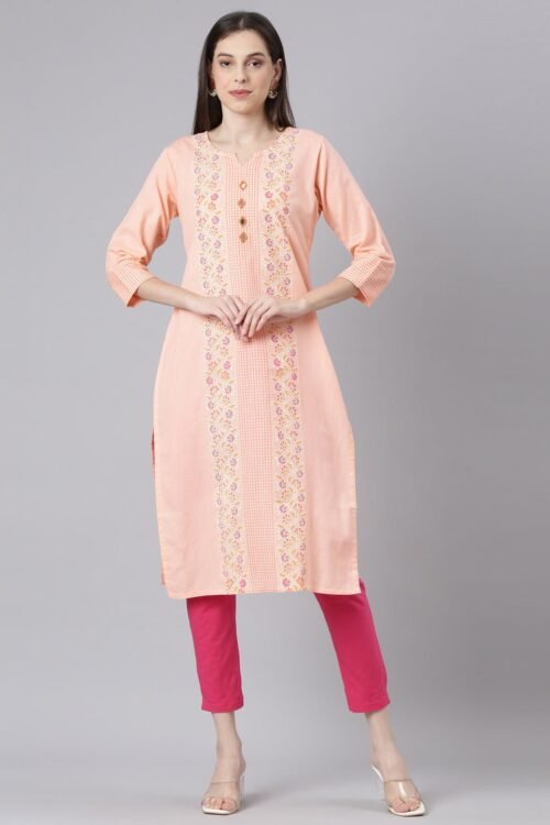 Quantumtera Orange Casual Floral Straight Kurta
