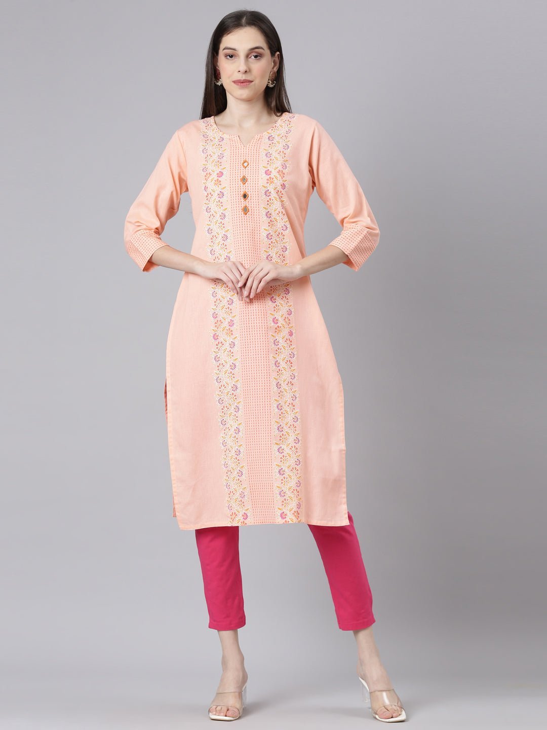 Quantumtera Orange Casual Floral Straight Kurta