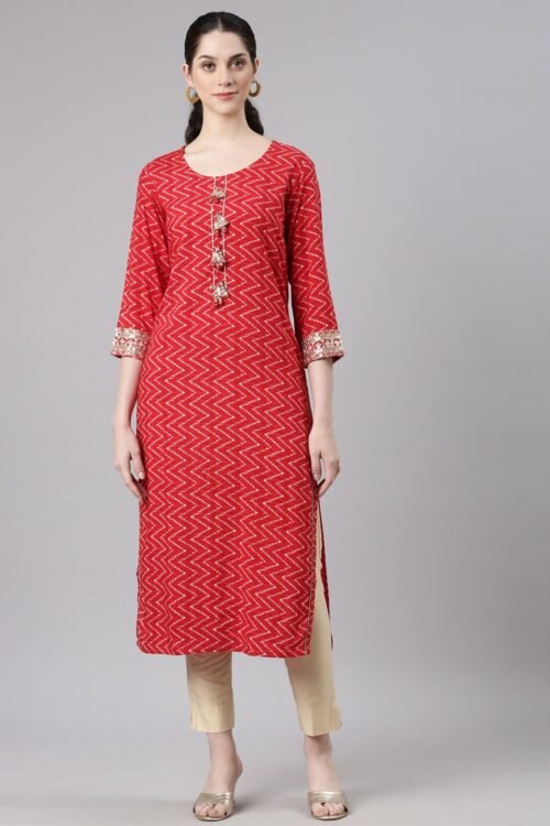 Quantumtera Red Straight Casual Chevron Kurta