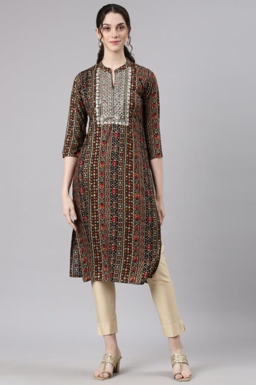Quantumtera Olive Straight Casual Ethnic Motifs Kurta
