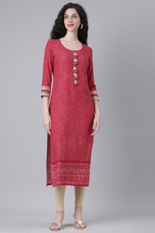 Quantumtera Pink Casual Bandhani Straight Kurta