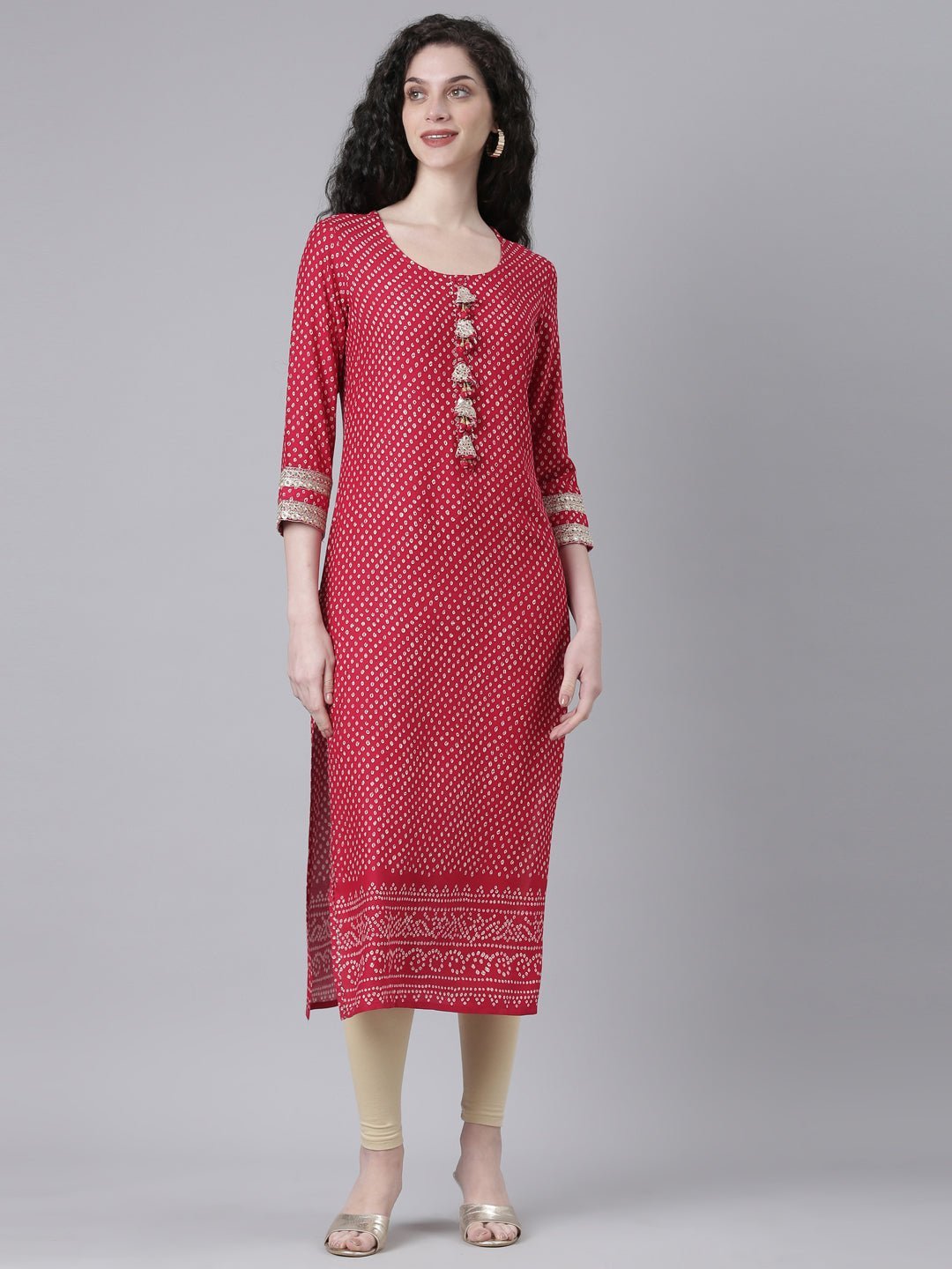 Quantumtera Pink Casual Bandhani Straight Kurta