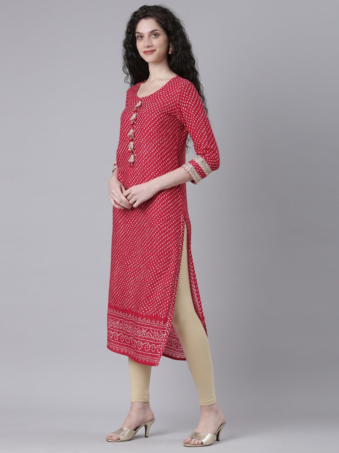 Quantumtera Pink Casual Bandhani Straight Kurta - Image 3