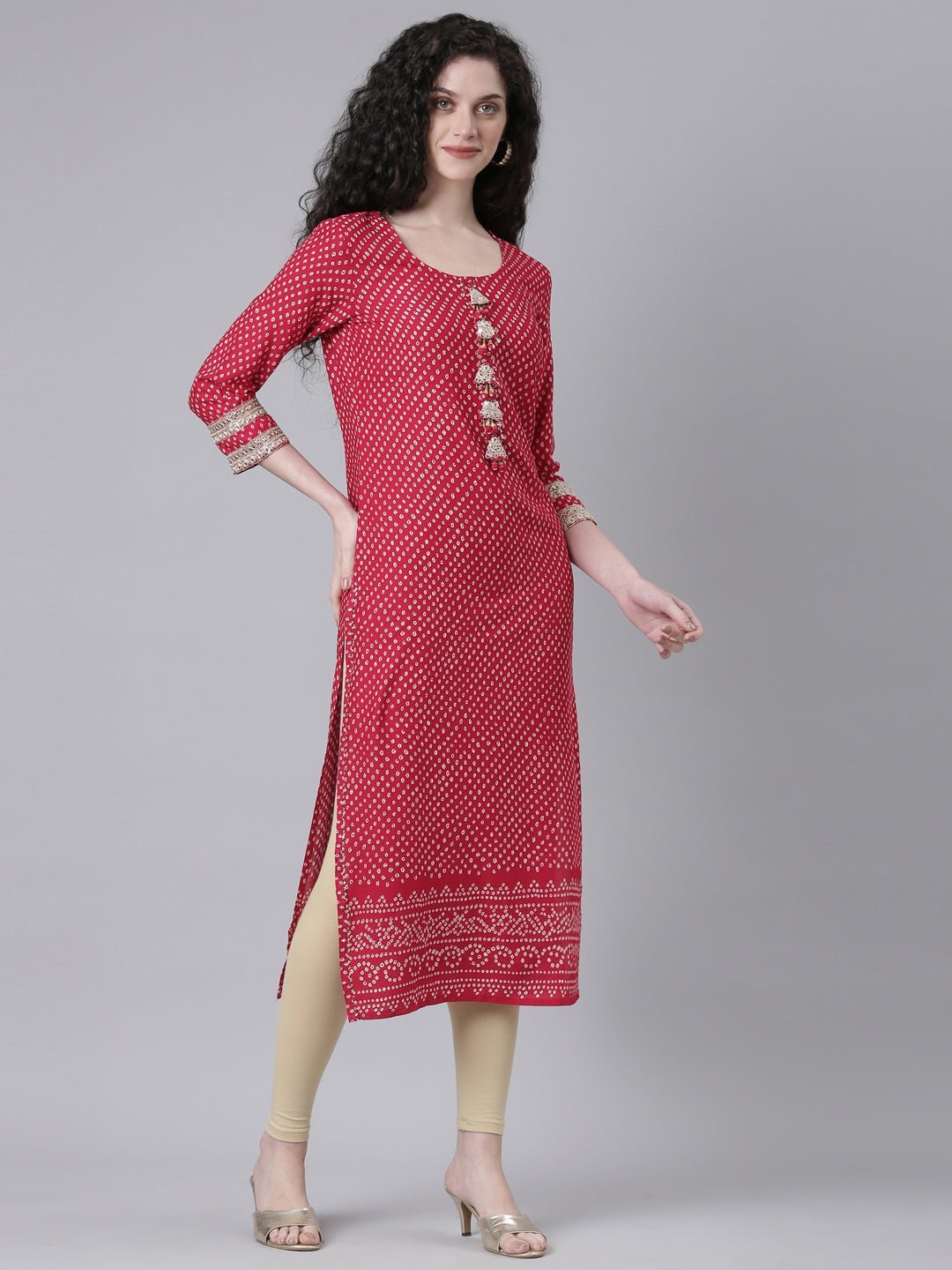 Quantumtera Pink Casual Bandhani Straight Kurta - Image 4